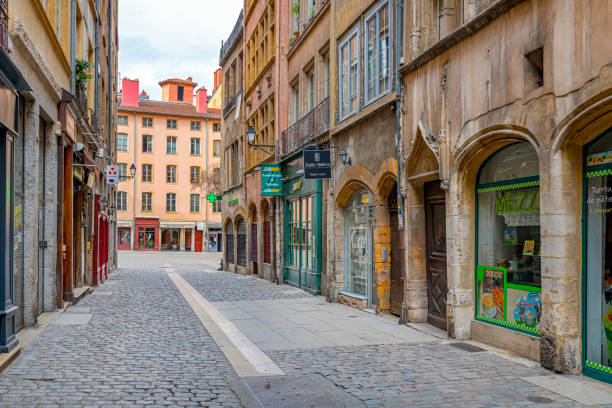 Lyon, France - 04/13/2020: image taken during the sanitary confinement opposing the architecture of the city and its absence of activity and human presence