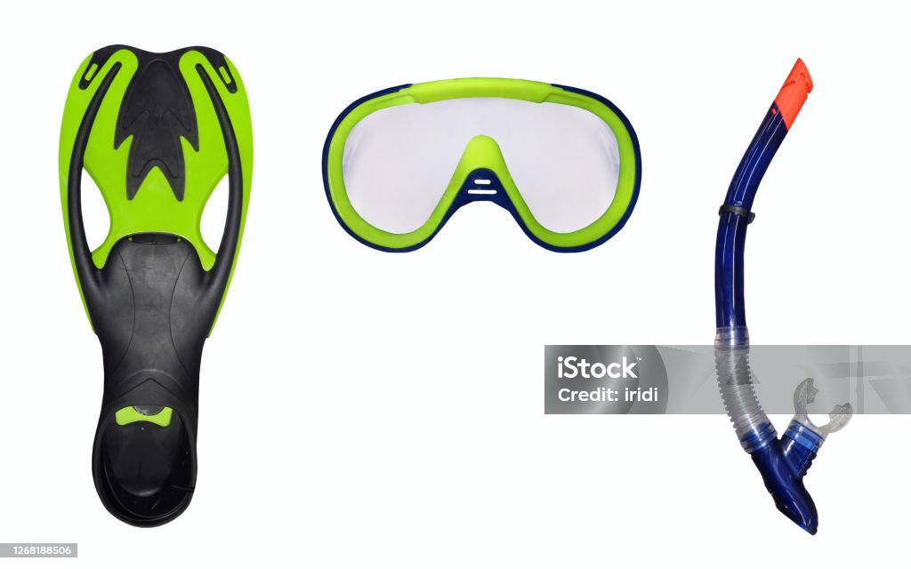 Mask snorkel flippers on wg There are a diver mask, a snorkel and flippers. White background. Isolated. Snorkel Stock Photo