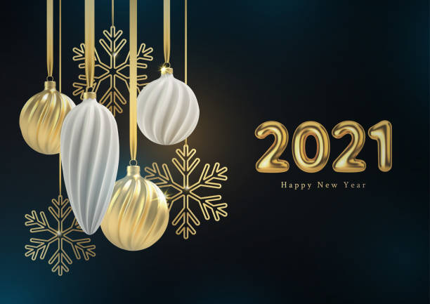 beyaz ve altın noel topları ile happy new year, yazıt 2021 ile siyah yatay arka plan üzerinde bir spiral topları ve kar taneleri. vektör çizimi - natal stock illustrations