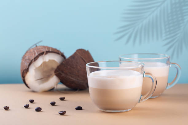 istock Cappuccino with coconut milk. Light blue background. 1268194407