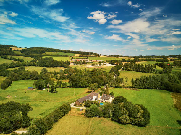 Aerial view of pastures and farmlands in Brittany, France Aerial view of pastures and farmlands in Brittany, France. Beautiful French countryside with green fields and meadows. Rural landscape brittany france stock pictures, royalty-free photos & images