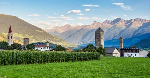 Val Venosta, Vinschgau, Alto Adige, Italy. View over Mals in South Tyrol, Italy near the border to Austria and Switzerland