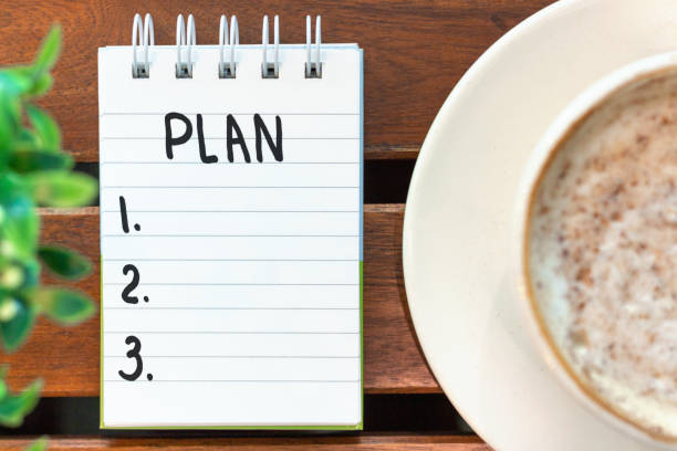 istock Notepad with the inscription plan and cup of coffee on a wooden background top view. 1268198004