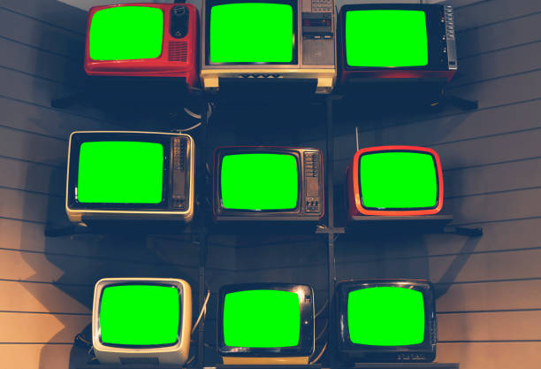 Classic Vintage Retro Style old televisions with cut out screen, old televisions with green screen on isolated background. Television Set, Equipment, Electrical Equipment, Television Industry, Retro Style chroma key photos stock pictures, royalty-free photos & images