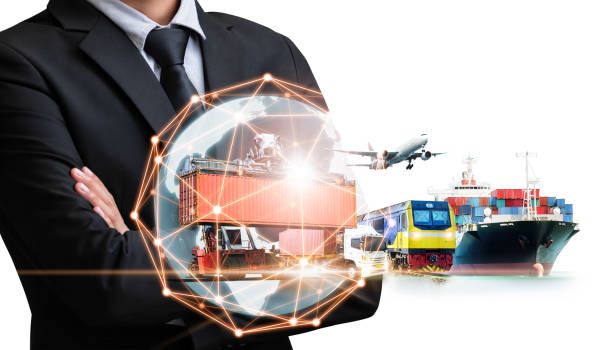 istock Businessman holding digital globe in palm on white background for logistics import export and container cargo freight ship transport concept 1268203610