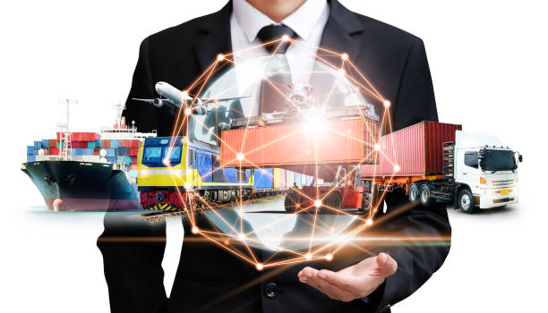 istock Businessman holding digital globe in palm on white background for logistics import export and container cargo freight ship transport concept 1268203646