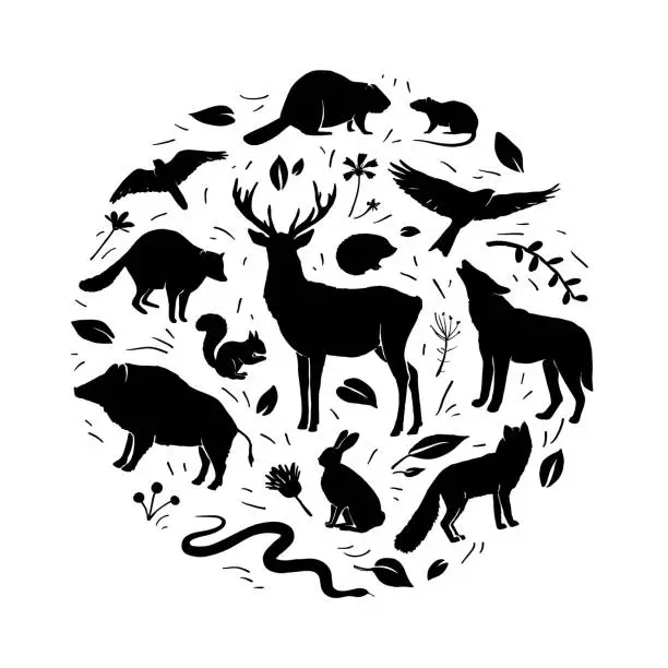 Vector illustration of Vector forest animals collection in circle frame. Flat animals silhouettes in black color. Design for t-shirt print, cover, poster, banner, card. Black silhouettes animals