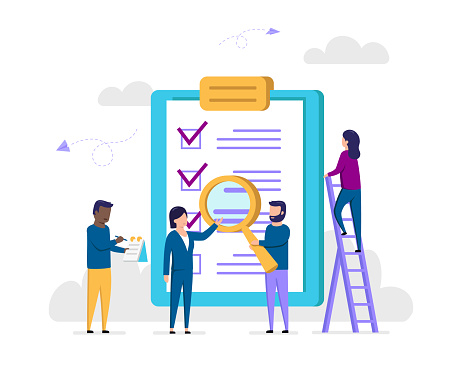 Work Tasks Implementation Concept. Coworkers Notice Three Of Four Completed Cases On Checklist In Paper Holder. Successful Teamwork Makes The Dreamwork. Colorful Vector Illustration In Flat Style.