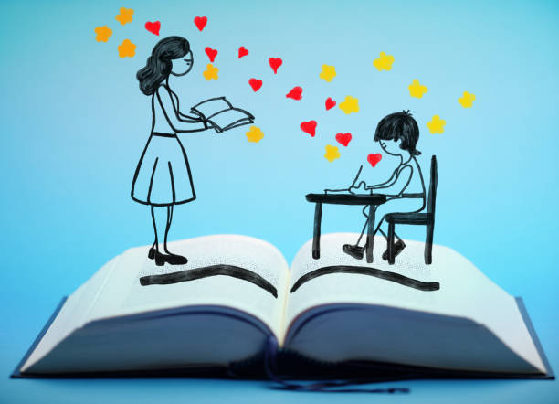 magic of a school classroom on a book the drawings of a teacher and her pupil in a classroom pop up from an open book, with some sparkling magic and love arise and shine stock pictures, royalty-free photos & images