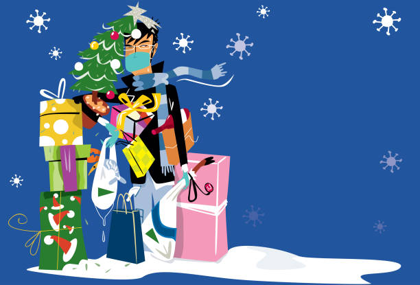 ilustrações, clipart, desenhos animados e ícones de homem fazendo compras no natal com máscara cirúrgica - christmas emotional stress shopping holiday
