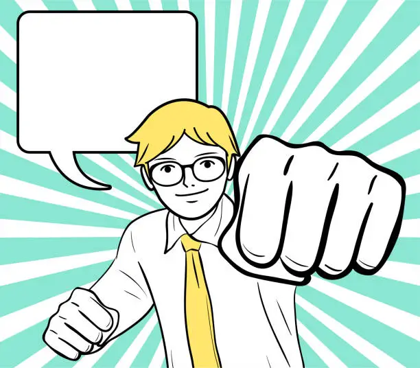 Vector illustration of Smiling young man (businessman, teacher, student) makes a fist to show his great power to the world