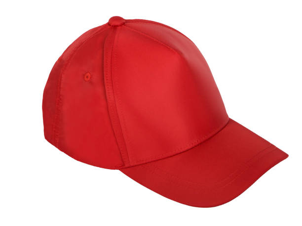 istock Red blank baseball cap closeup of side view on white background. 1268214325