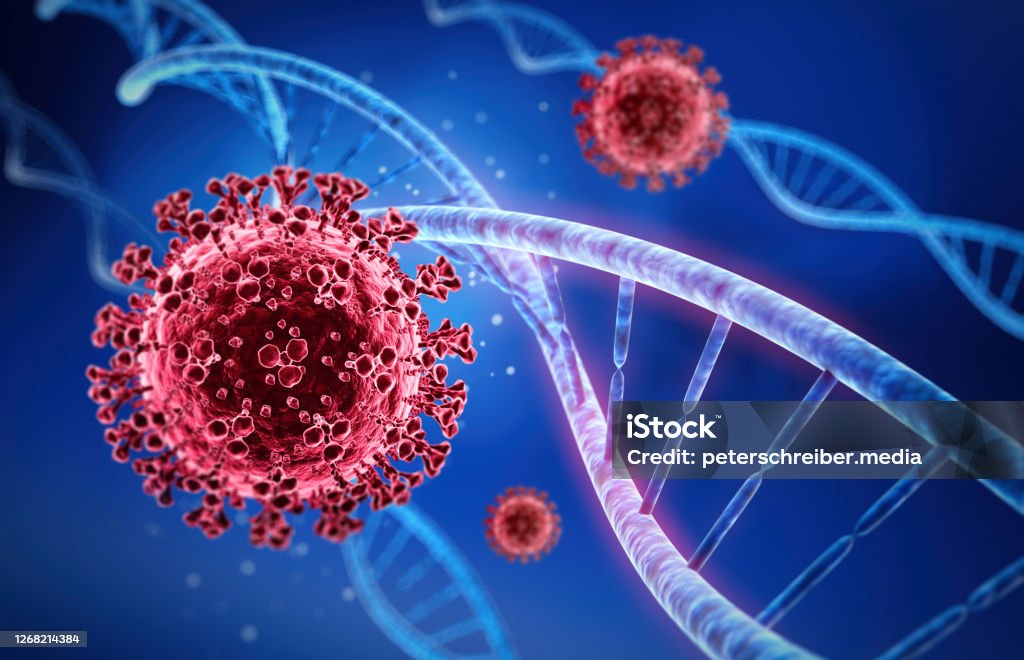 Coronavirus with DNA illustration Red Virus and blue DNA strand - medical 3D illustration with dark blue background COVID-19 Stock Photo