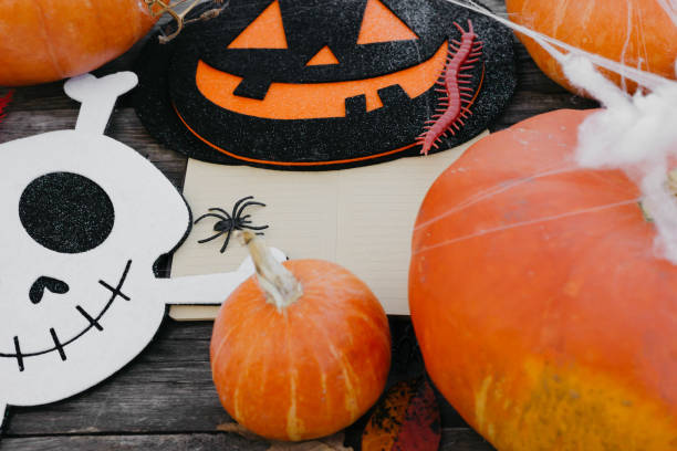 istock Pumpkins, masks, Halloween decorations, Notepad. Traditions. Flatly. 1268214406