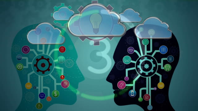 Animation of two people heads silhouettes facing each other with connections and social icons inside