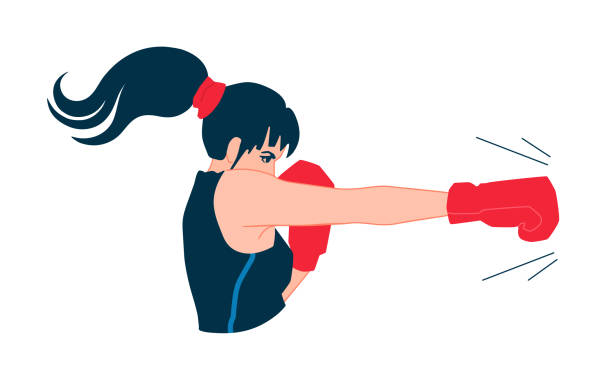 ilustrações de stock, clip art, desenhos animados e ícones de a strong young adult woman boxer throws a jab punch. a pretty box fighter girl with a ponytail hairstyle boxing. a boxer attack side view. - women white background caucasian isolated