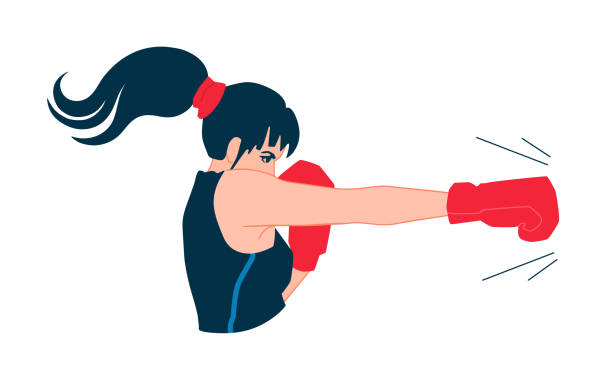 A strong young adult woman boxer throws a jab punch. A pretty box fighter girl with a ponytail hairstyle boxing. A boxer attack side view. A vector illustration isolated on a white background. punching illustrations stock illustrations