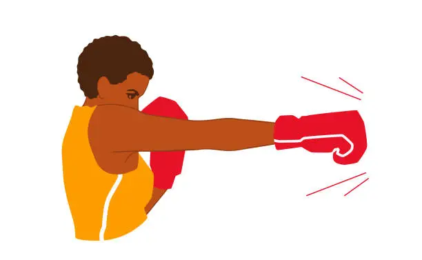 Vector illustration of A strong young adult African American woman boxer throws a jab punch. A box fighter. A girl boxing. A boxer attack side view illustration.