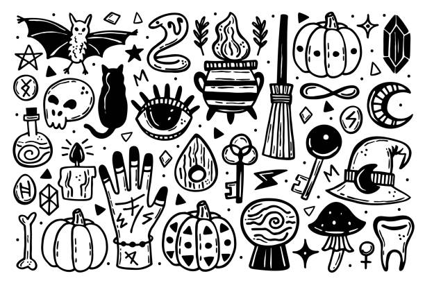 ilustraciones, imágenes clip art, dibujos animados e iconos de stock de imágenes prediseñadas de halloween, conjunto de elementos. sellos de tinta de vacaciones, siluetas. ojo, gato negro, murciélago, sombrero de bruja, calabaza, llave, veneno, caldero, cráneo, hueso, serpiente, runas, luna. magia, sobrenatural, paranormal - witch halloween cauldron bat