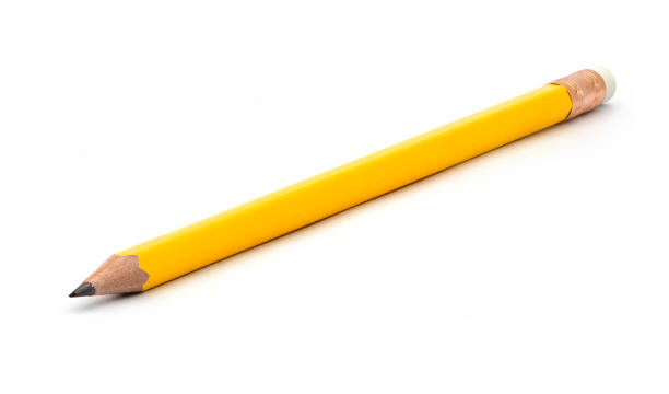 matita gialla affilata con gomma su sfondo bianco. - pencil yellow single object office foto e immagini stock