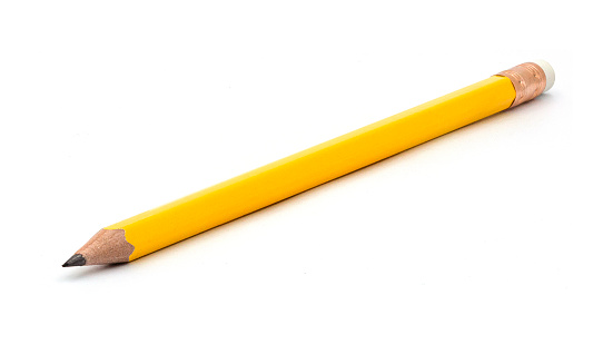 Sharp yellow pencil with eraser on a white background.