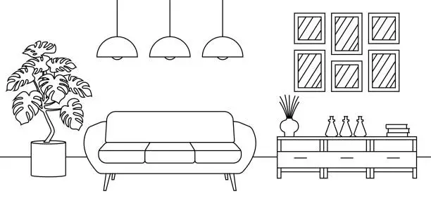 Vector illustration of Living room interior line sketch. Outline design of home or house inside with sofa and modern furniture. Vector illustration.
