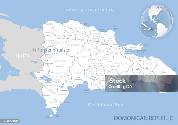 世界のドミニカ共和国の行政区画と場所のブルーグレーの詳細な地図 ハイチのベクターアート素材や画像を多数ご用意 ハイチ, 地図, 3D