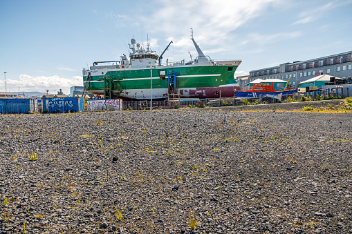 Reykjavik, Iceland, July 7, 2020: Trawler at a shipyard in the center of Reykjavik, the capital of Iceland