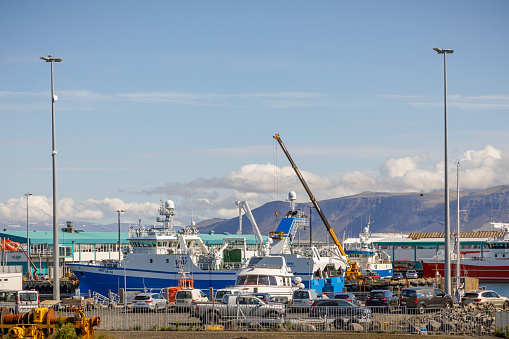 Reykjavik, Iceland, July 7, 2020: Two trawlers at a shipyard in the center of Reykjavik, the capital of Iceland