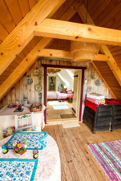 istock Cosy and colorful wooden cabin interior architecture 1268226850