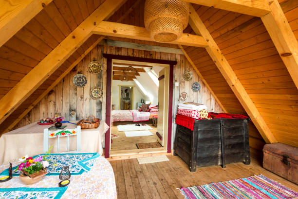istock Cosy and colorful wooden cabin interior architecture 1268226851