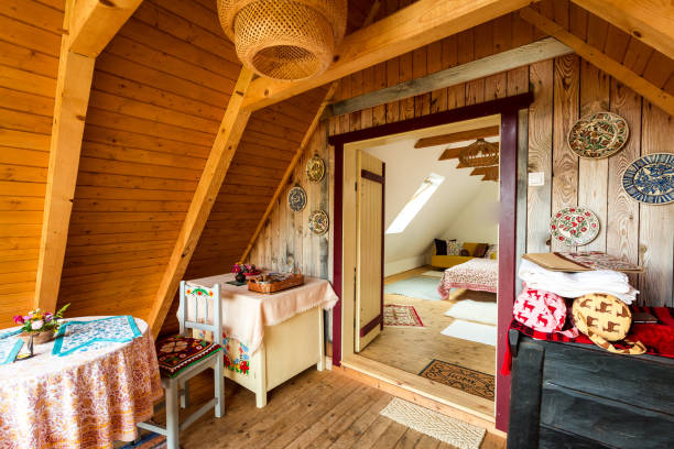 istock Cosy and colorful wooden cabin interior architecture 1268226857