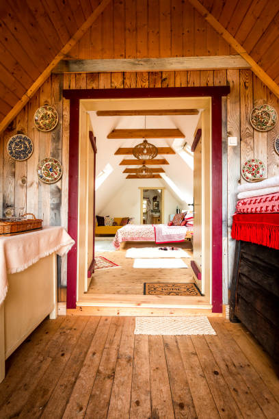 istock Cosy and colorful wooden cabin interior architecture 1268226863
