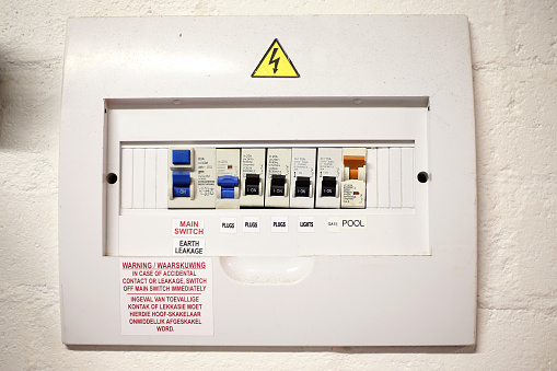 General view of an Electricity mains board for a garage.