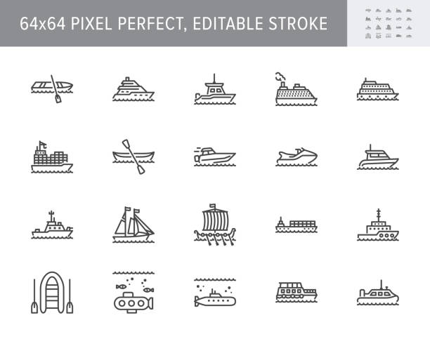 illustrations, cliparts, dessins animés et icônes de navire, icônes de ligne de bateau. illustration vectorielle inclus icône comme yacht, croisière, expédition de cargaison, sous-marin, ferry, canoë, pictogramme de contour de goélette pour le transport d’eau. 64x64 pixel perfect editable stroke - narrow boat