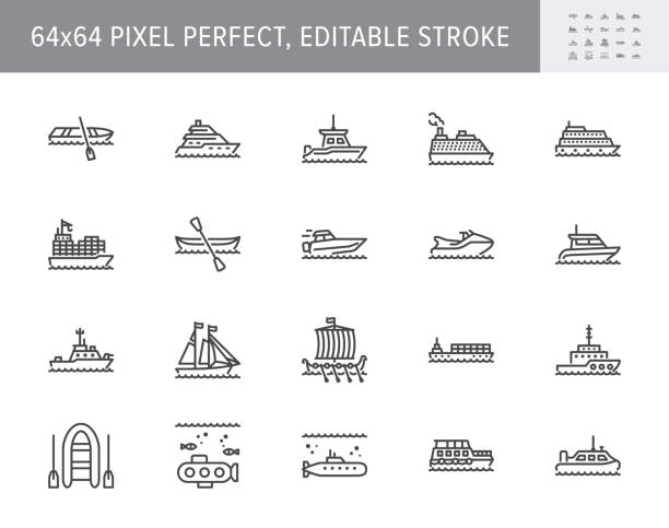 Ship, boat line icons. Vector illustration included icon as yacht, cruise, cargo shipping, submarine, ferry, canoe, schooner outline pictogram for water transport. 64x64 Pixel Perfect Editable Stroke Ship, boat line icons. Vector illustration included icon as yacht, cruise, cargo shipping, submarine, ferry, canoe, schooner outline pictogram for water transport. 64x64 Pixel Perfect Editable Stroke. ship stock illustrations
