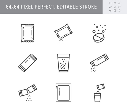 Sachet line icons. Vector illustration included icon as sugar powder packet, soluble pill, effervescent effect outline pictogram for medicine. 64x64 Pixel Perfect Editable Stroke.