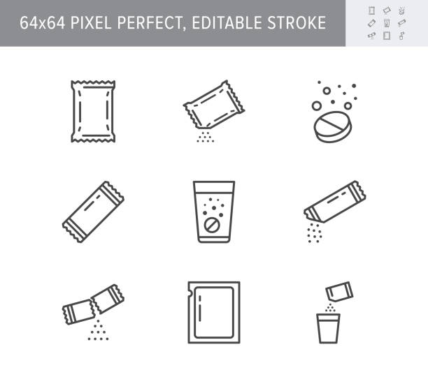 Sachet line icons. Vector illustration included icon as sugar powder packet, soluble pill, effervescent effect outline pictogram for medicine. 64x64 Pixel Perfect Editable Stroke Sachet line icons. Vector illustration included icon as sugar powder packet, soluble pill, effervescent effect outline pictogram for medicine. 64x64 Pixel Perfect Editable Stroke. sachet stock illustrations