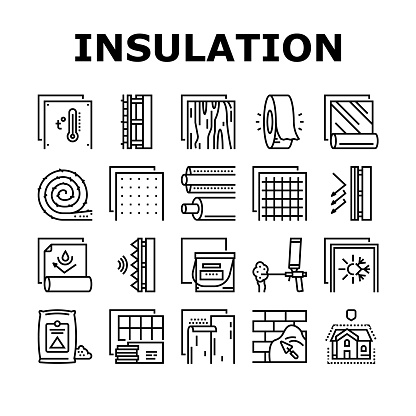 Insulation Building Collection Icons Set Vector. Insulation Roll Material And Wooden Plywood, Waterproof And Temperature Preservation Layer Black Contour Illustrations