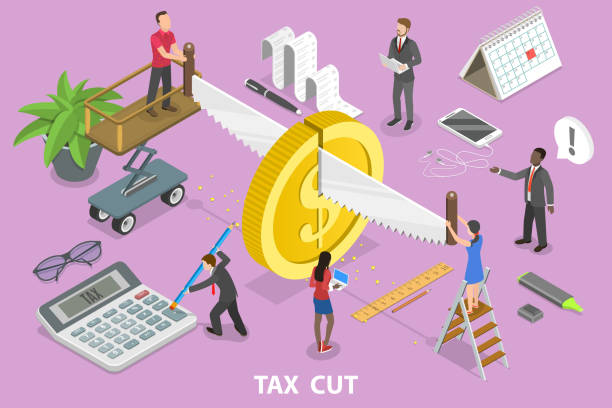 3D Isometric Flat Vector Conceptual Illustration of Tax Cut. 3D Isometric Flat Vector Conceptual Illustration of Tax Cut, Reducing Taxable Income. financial advisor percentage sign business finance stock illustrations