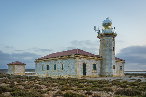 Ciutadella,Minorca,Balearic Islands,Spain-February 15,2020:Punta Building of Nati lighthouse