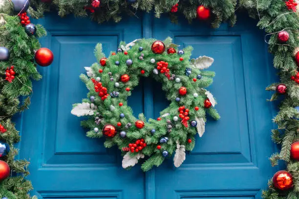 Photo of Christmas decor of the front door.