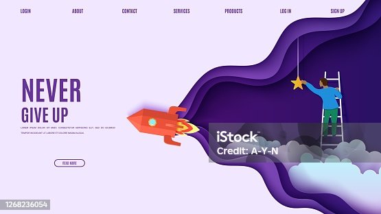 istock Man on a ladder to pick the star above cloud and red rocket in paper cut style. Cut 3d vector website template with flying ship papercut businessman climbs the stairs to the sky to get a star 1268236054