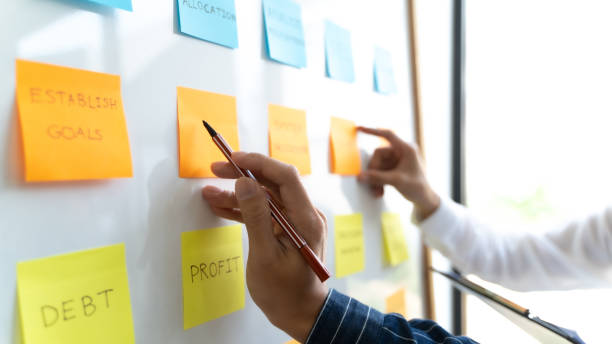 istock Startup co-working, Group of people putting sticky notes on the white board. 1268237347