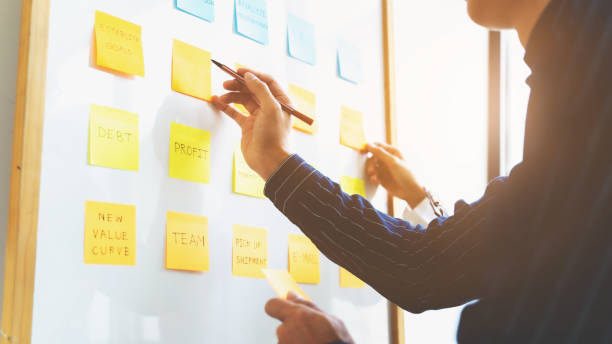 istock Startup co-working, Group of people putting sticky notes on the white board. 1268237349