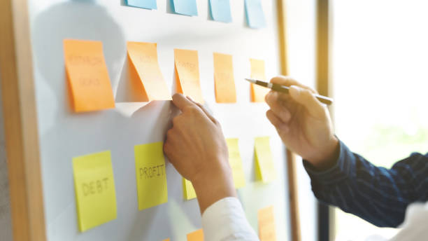 istock Team working in office putting sticky note on white board analyzing strategy of business. 1268237367