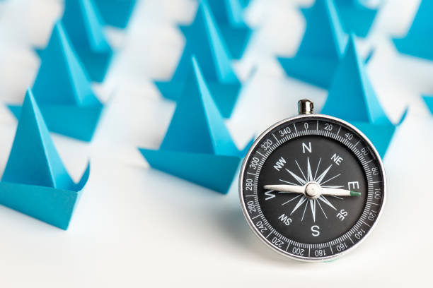 istock Blue Paper Boats With Compass 1268237787