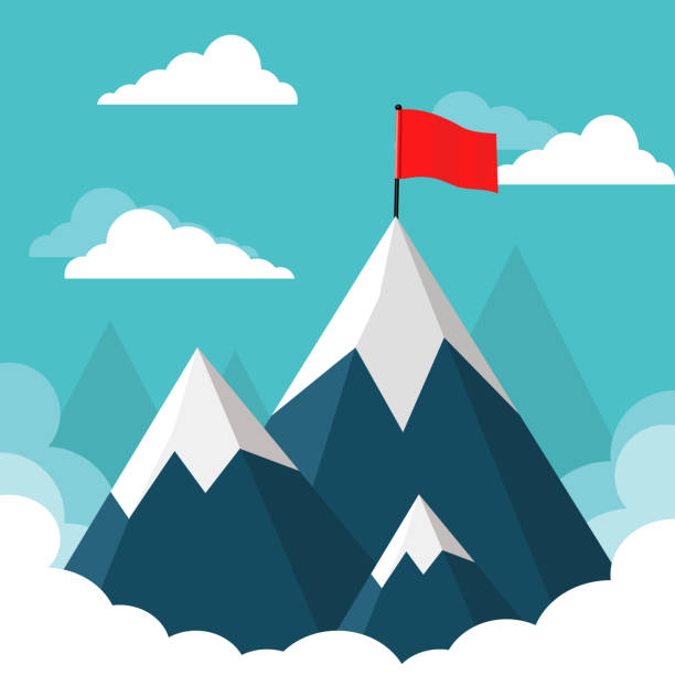 Landscape with flag on the mountain. Success concept. Overcoming difficulties. illustration Landscape with flag on the mountain. Success concept. Overcoming difficulties. illustration mountain peak clouds stock illustrations