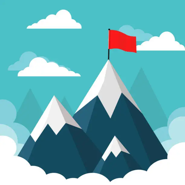 Vector illustration of Landscape with flag on the mountain. Success concept. Overcoming difficulties. illustration
