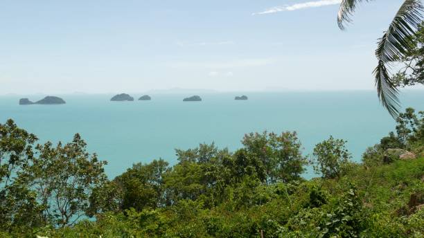 istock Five Sisters Islands in serene water surface. Enchanting landscape, greenery and deep calm water, Samui Thailand. Relax travel vacation holiday resort concept. Bird eye panoramic aerial drone top view 1268241584